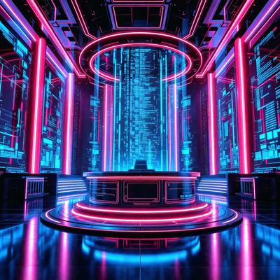 The primary subject of the image is a futuristic computer desk with a neon glow. The desk is surrounded by a brightly lit environment, which adds to the futuristic atmosphere. The setting appears to be a futuristic room with a circular design, featuring a large computer monitor. The visual style of the image is a combination of digital art and illustration, creating a unique and captivating scene. The colors and mood of the image are predominantly pink and blue, giving it a vibr